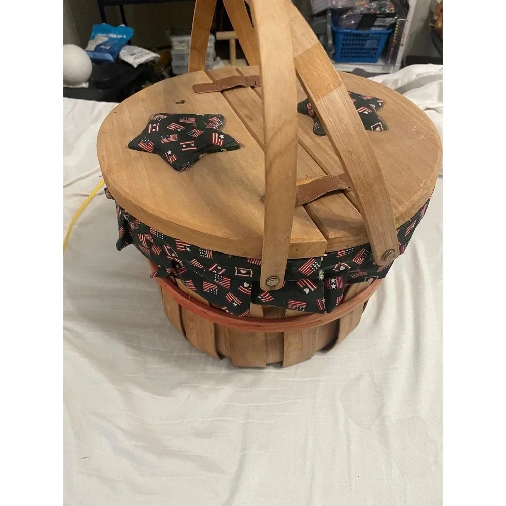 VTG 13Star Wood Double Lid Barrel Weave Basket Lined Flag Heart Leather USA Gift